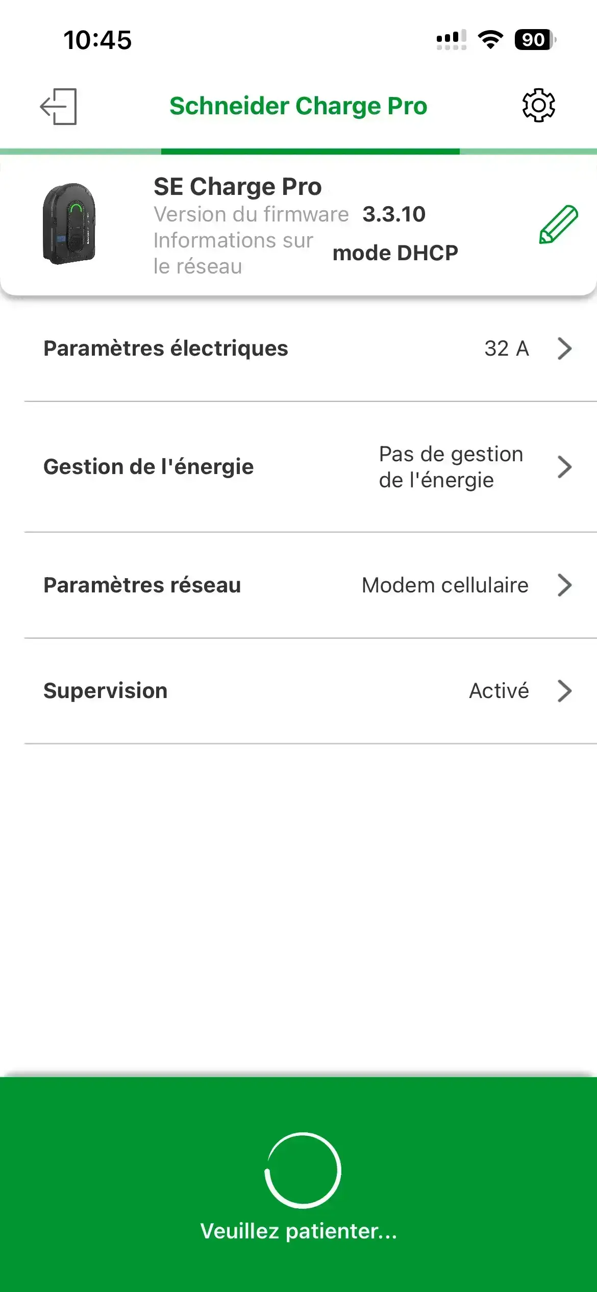 Écran d'accueil eSetup Schneider Charge Pro avec le menu Paramètres électriques réglé à 32 A