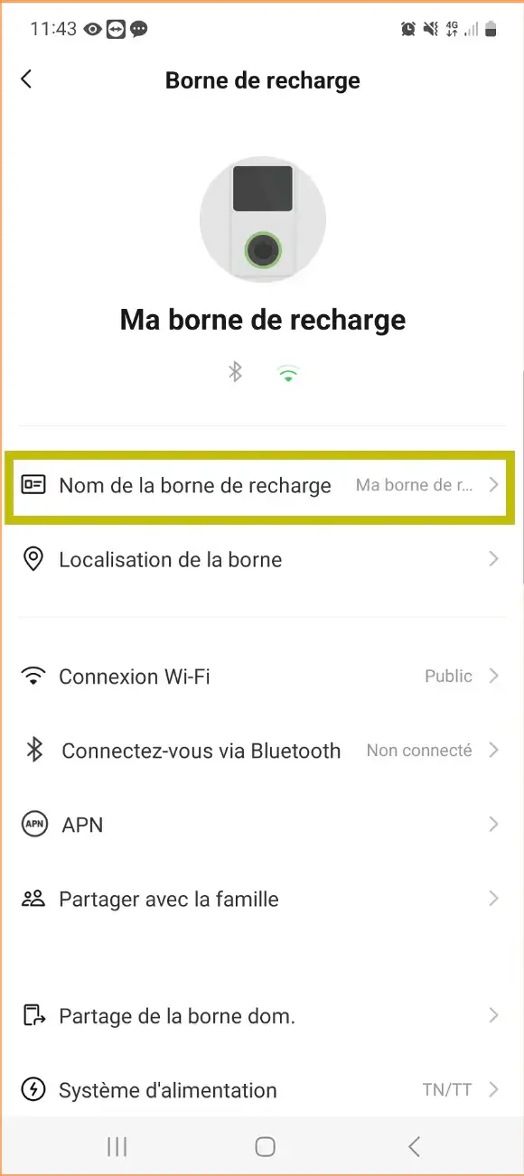 Écran Borne de recharge Autel Config avec les paramètres nom, Wi-Fi, Bluetooth et APN