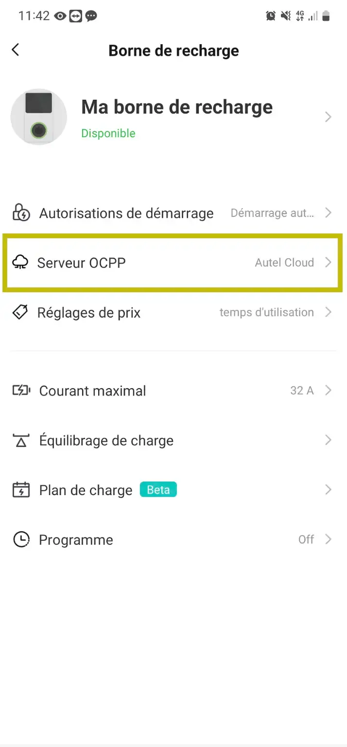 Menu Borne de recharge Autel avec l'entrée Serveur OCPP réglée sur Autel Cloud