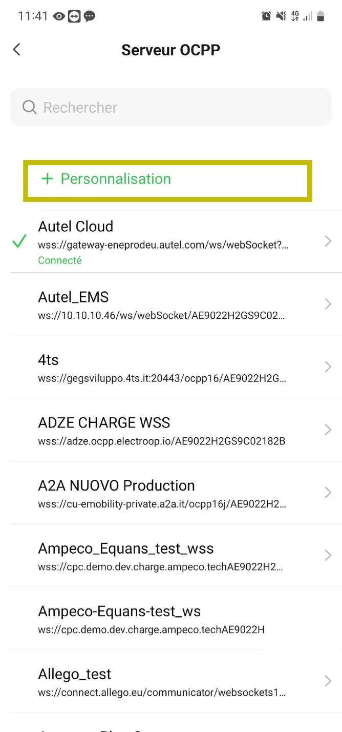 Liste des serveurs OCPP Autel avec le bouton + Personnalisation mis en évidence