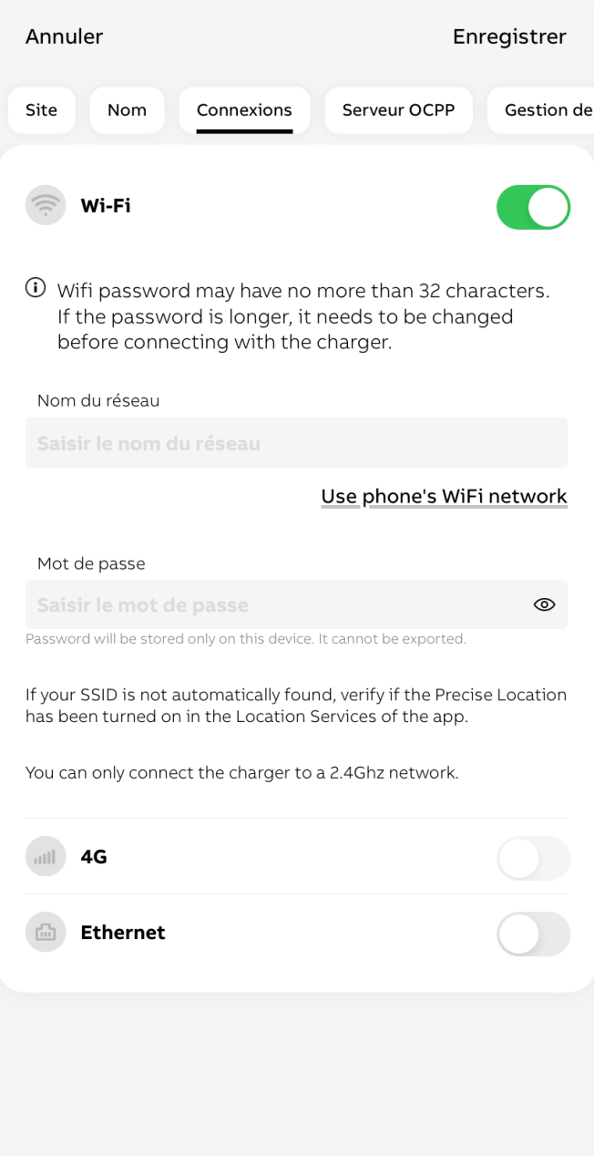 Onglet Connexions TerraConfig avec Wi-Fi, 4G et Ethernet
