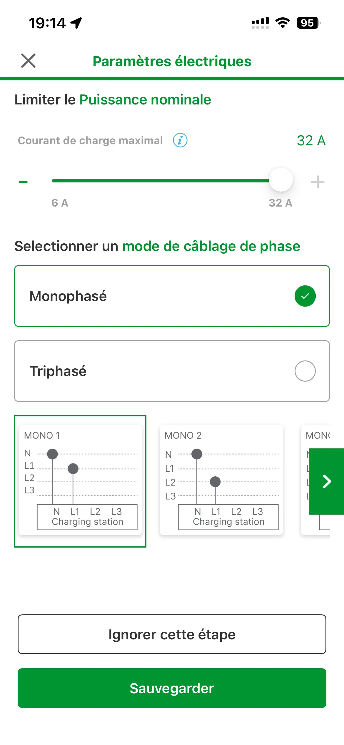 Paramètres électriques Schneider : courant maximal 32 A et câblage monophasé MONO 1 sélectionné