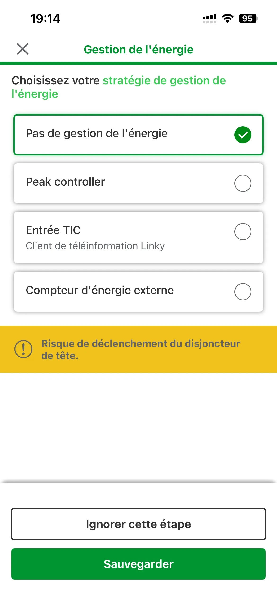 Écran de gestion de l'énergie Schneider : choix entre Pas de gestion, Peak controller, Entrée TIC et Compteur d'énergie externe