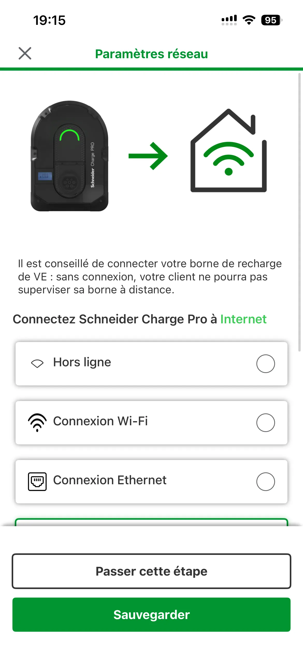 Écran Paramètres réseau Schneider : choix entre Hors ligne, Connexion Wi-Fi et Connexion Ethernet