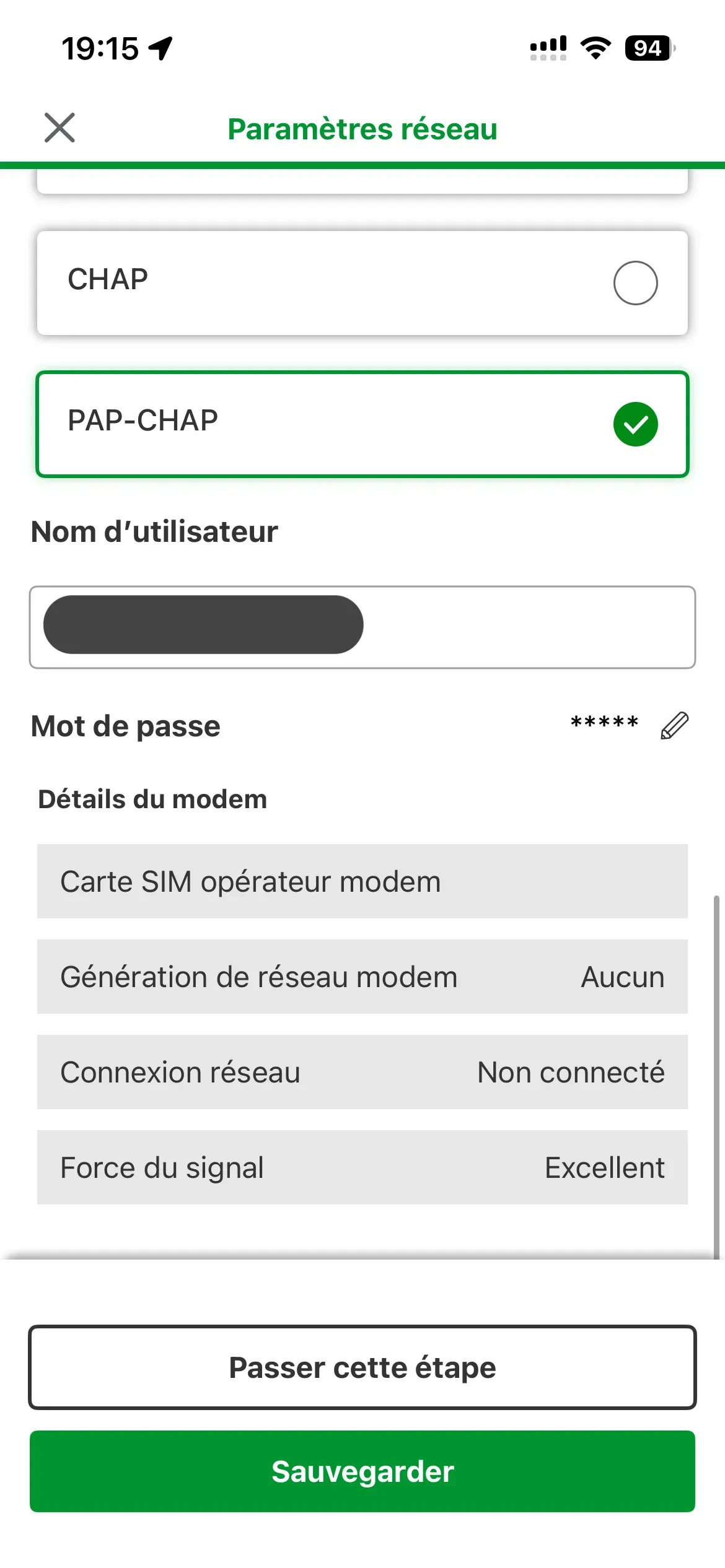 Détails du modem cellulaire Schneider : nom d'utilisateur, mot de passe et informations de la carte SIM