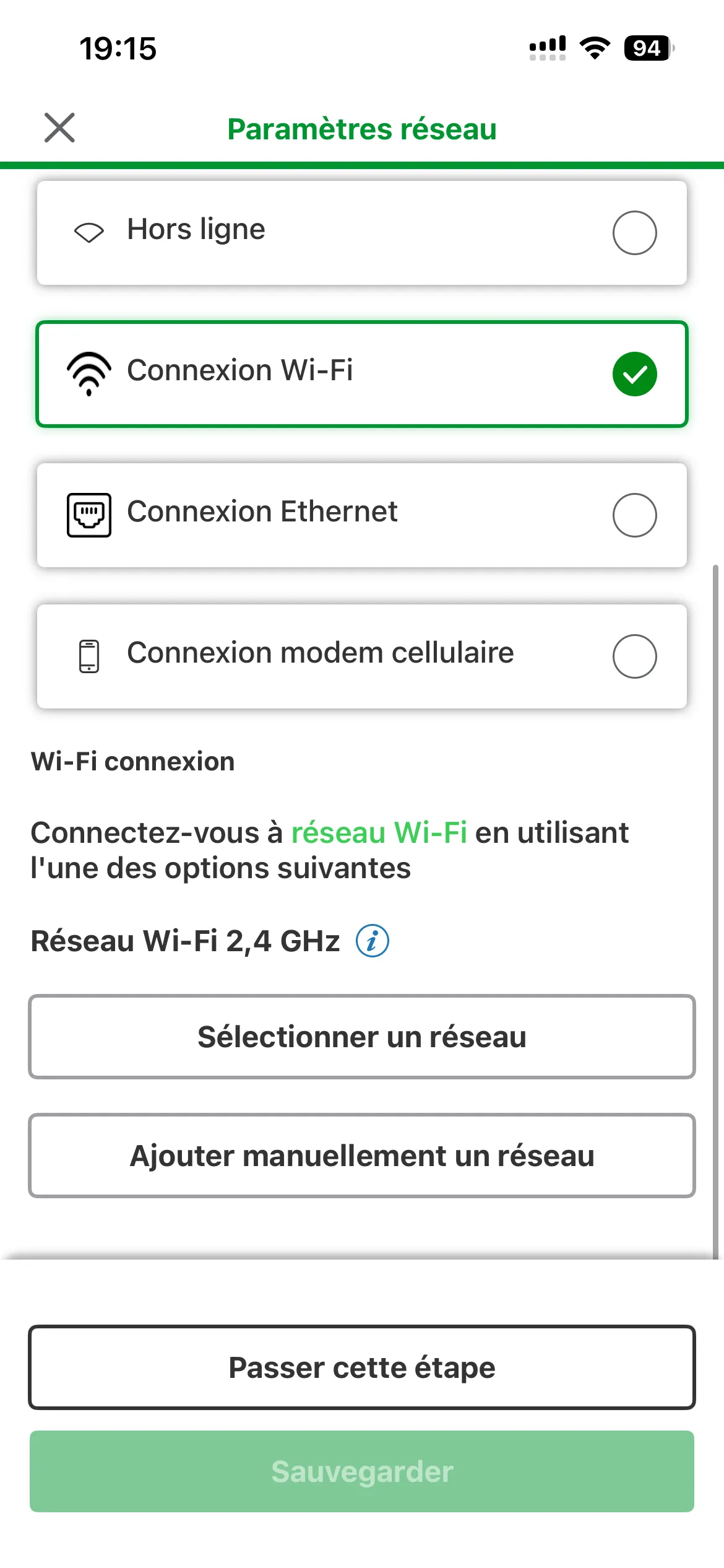 Configuration Wi-Fi Schneider : sélection ou ajout manuel d'un réseau Wi-Fi 2,4 GHz
