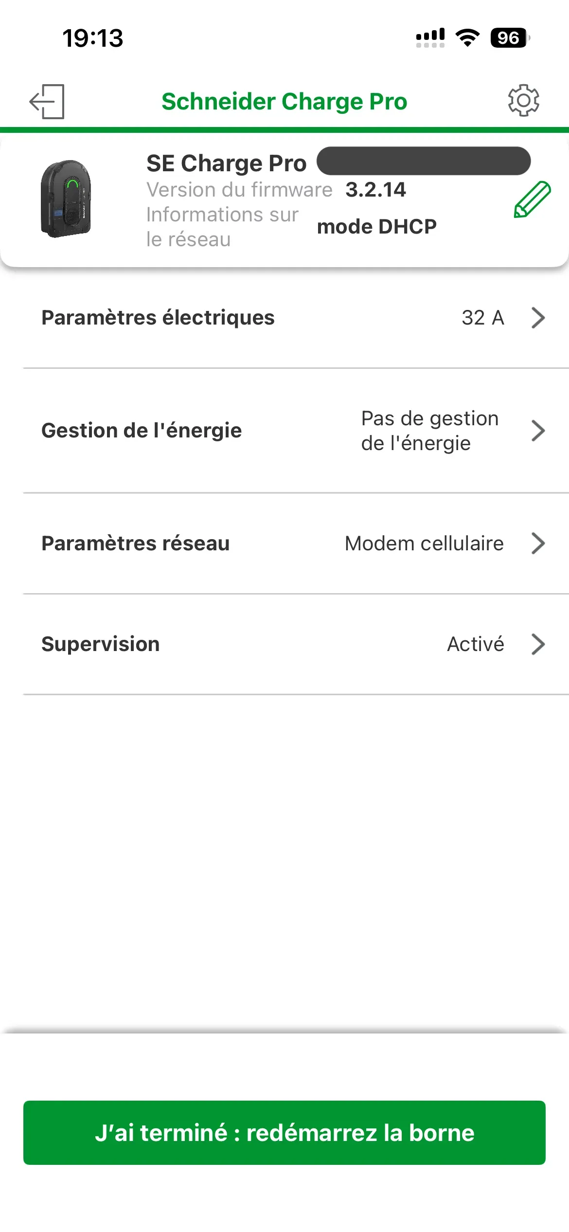 Écran récapitulatif de la configuration Schneider avec le bouton « J'ai terminé : redémarrez la borne »